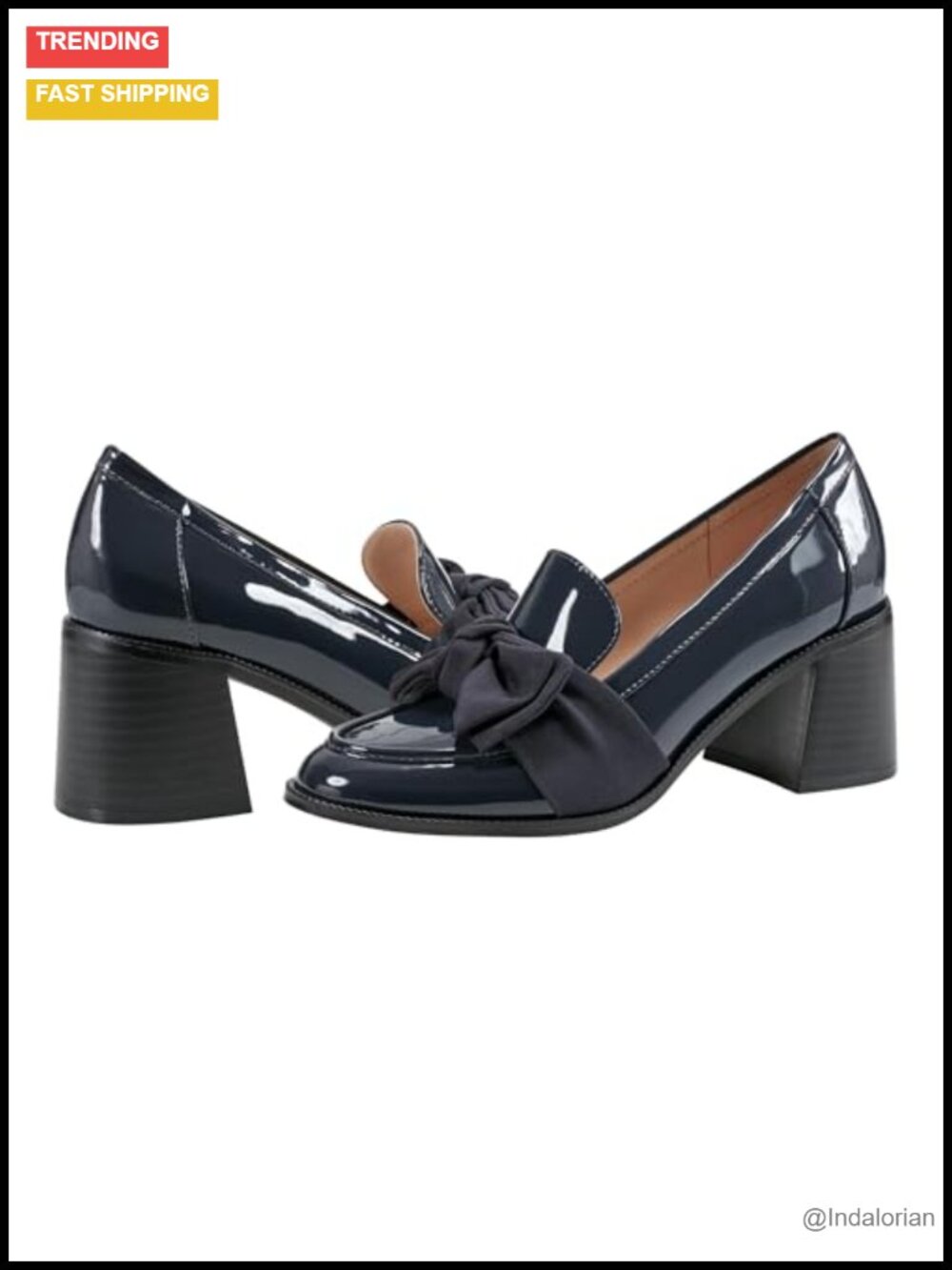 Faux Patent Leather High Heel Loafers with Bow & Cushioned Footbed